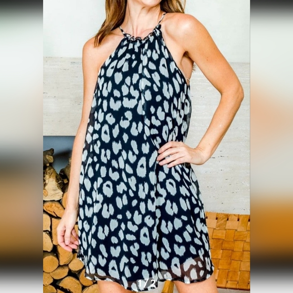 Leopard Print Chiffon Halter Mini Dress